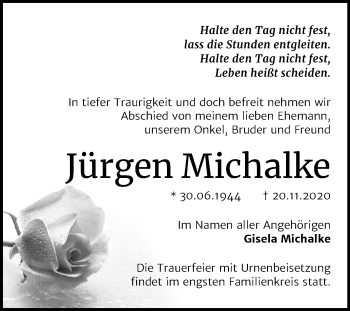 Traueranzeige von Jürgen Michalke von Super Sonntag Bernburg