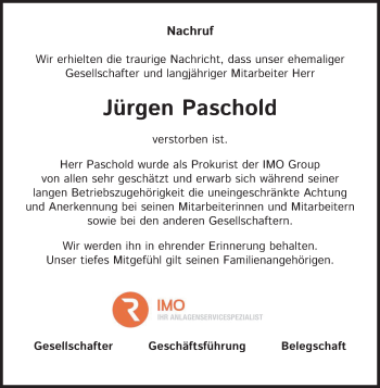 Traueranzeige von Jürgen Paschold von Super Sonntag Merseburg/Querfurt