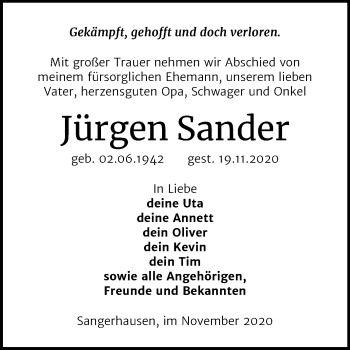 Traueranzeige von Jürgen Sander von Super Sonntag Sangerhausen