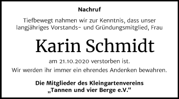 Traueranzeige von Karin Schmidt von Mitteldeutsche Zeitung Weißenfels