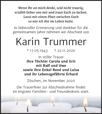 Traueranzeige von Karin Trummer von Super Sonntag Merseburg/Querfurt