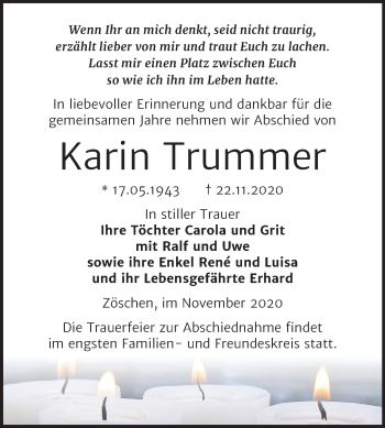 Traueranzeige von Karin Trummer von Mitteldeutsche Zeitung Merseburg/Querfurt