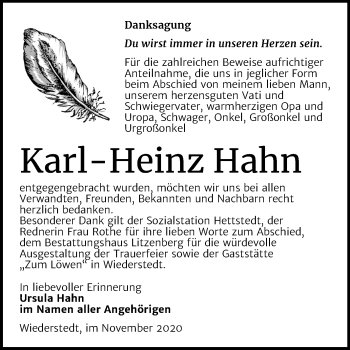 Traueranzeige von Karl Heinz Hahn von Wochenspiegel Mansfelder Land