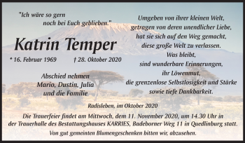 Traueranzeige von Katrin Temper von Mitteldeutsche Zeitung Quedlinburg