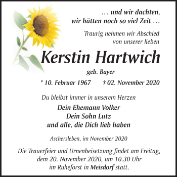 Traueranzeige von Kerstin Hartwich von Mitteldeutsche Zeitung Aschersleben