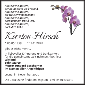 Traueranzeige von Kirsten Hirsch von Mitteldeutsche Zeitung Merseburg/Querfurt