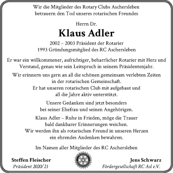 Traueranzeige von Klaus Adler von Super Sonntag Aschersleben