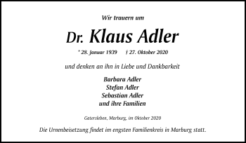 Traueranzeige von Klaus Adler von Mitteldeutsche Zeitung Aschersleben