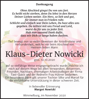 Traueranzeige von Klaus-Dieter Nowicki von Super Sonntag Mansfelder Land