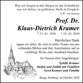 Traueranzeige von Klaus-Dietrich Kramer von Mitteldeutsche Zeitung Sangerhausen