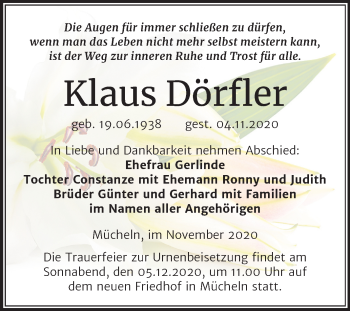 Traueranzeige von Klaus Dörfler von Super Sonntag Merseburg/Querfurt