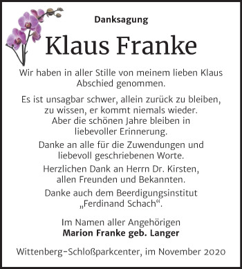Traueranzeige von Klaus Franke von Mitteldeutsche Zeitung Wittenberg