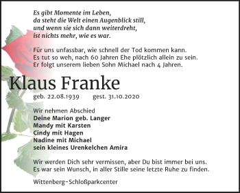 Traueranzeige von Klaus Franke von Mitteldeutsche Zeitung Wittenberg