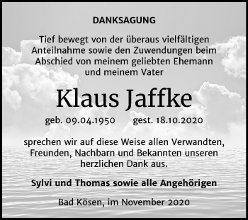 Traueranzeige von Klaus Jaffke von Wochenspiegel Naumburg/Nebra