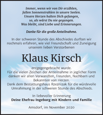 Traueranzeige von Klaus Kirsch von Super Sonntag Mansfelder Land