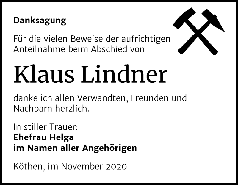  Traueranzeige für Klaus Lindner vom 14.11.2020 aus Mitteldeutsche Zeitung Köthen