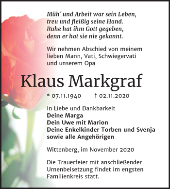 Traueranzeige von Klaus Markgraf von Mitteldeutsche Zeitung Wittenberg