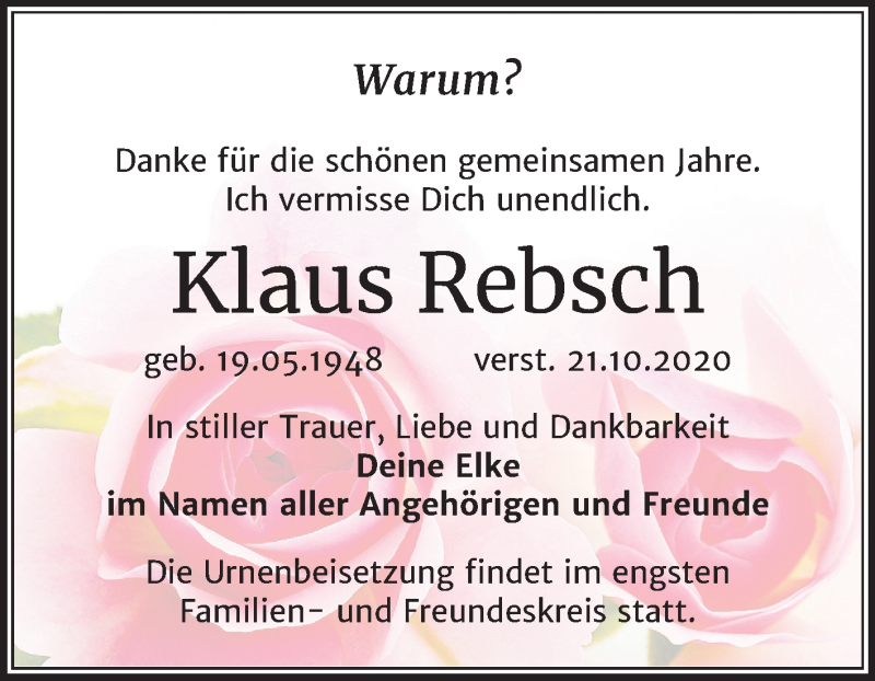  Traueranzeige für Klaus Rebsch vom 04.11.2020 aus Mitteldeutsche Zeitung Halle/Saalkreis
