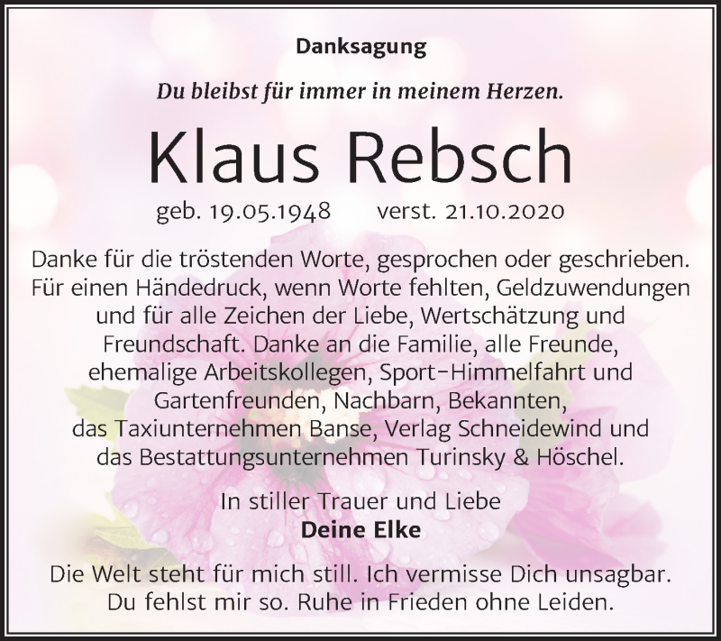  Traueranzeige für Klaus Rebsch vom 25.11.2020 aus Mitteldeutsche Zeitung Halle/Saalkreis