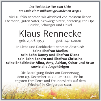 Traueranzeige von Klaus Rennecke von Mitteldeutsche Zeitung Quedlinburg
