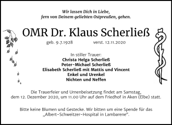 Traueranzeige von Klaus Scherließ von Mitteldeutsche Zeitung Köthen