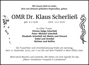 Traueranzeige von Klaus Scherließ von Super Sonntag Köthen