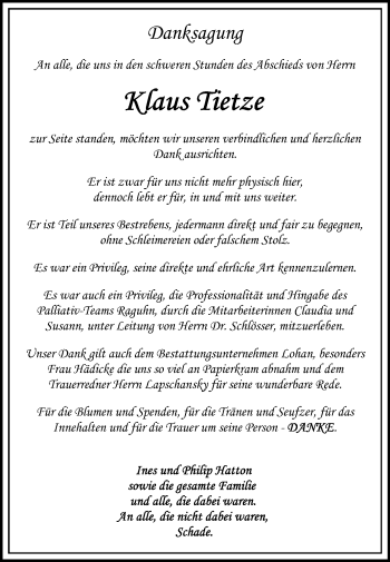 Traueranzeige von Klaus Tietze von Wochenspiegel Bitterfeld