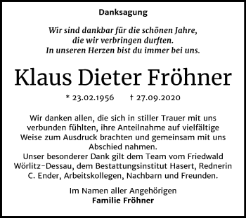 Traueranzeige von Klaus Dieter Fröhner von Super Sonntag Wittenberg
