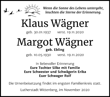 Traueranzeige von Klaus und Margot Wägner von Mitteldeutsche Zeitung Wittenberg