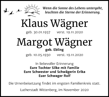 Traueranzeige von Klaus und Margot Wägner von Super Sonntag Wittenberg
