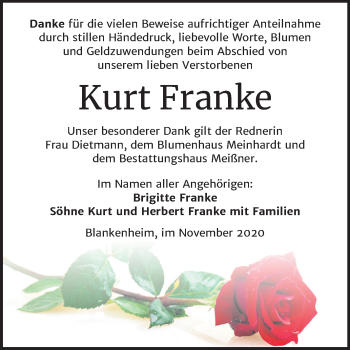 Traueranzeige von Kurt Franke von Wochenspiegel Sangerhausen