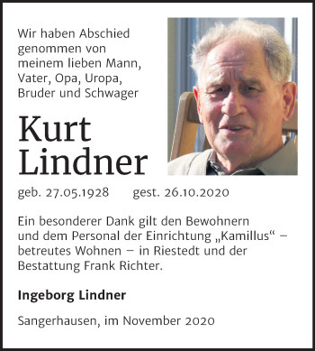 Traueranzeige von Kurt Lindner von Super Sonntag Sangerhausen