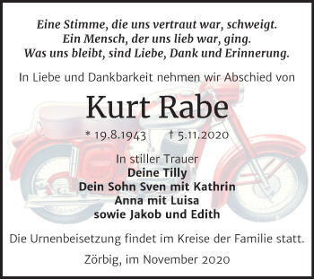 Traueranzeige von Kurt Rabe von Mitteldeutsche Zeitung Bitterfeld