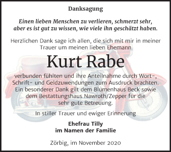 Traueranzeige von Kurt Rabe von Mitteldeutsche Zeitung Bitterfeld