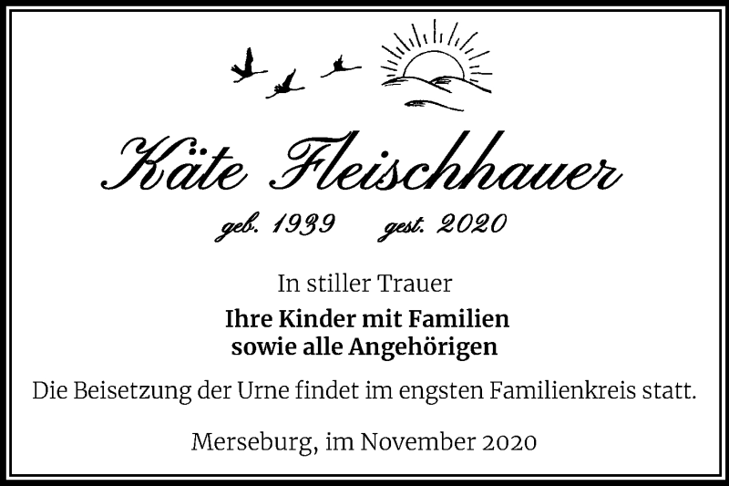  Traueranzeige für Käte Fleischhauer vom 28.11.2020 aus Mitteldeutsche Zeitung Merseburg/Querfurt