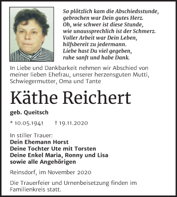 Traueranzeige von Käthe Reichert von Super Sonntag Köthen