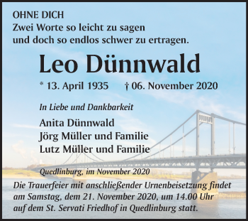 Traueranzeige von Leo Dünnwald von Super Sonntag Quedlinburg