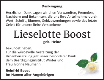 Traueranzeige von Lieselotte Boost von Mitteldeutsche Zeitung Bitterfeld