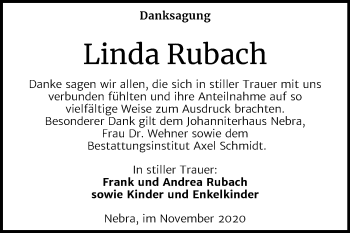 Traueranzeige von Linda Rubach von Mitteldeutsche Zeitung Naumburg/Nebra