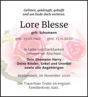 Traueranzeige von Lore Blesse von Super Sonntag Sangerhausen