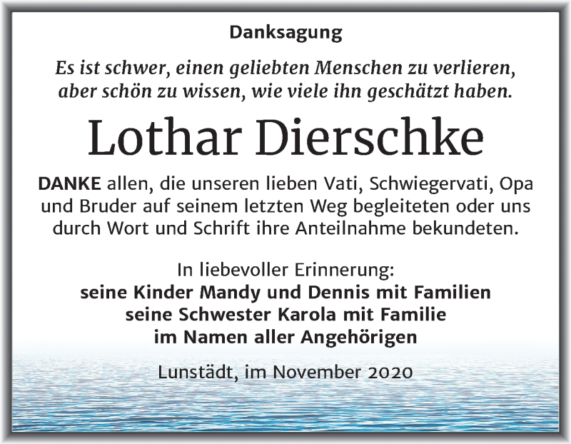  Traueranzeige für Lothar Dierschke vom 07.11.2020 aus Super Sonntag Merseburg/Querfurt