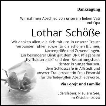 Traueranzeige von Lothar Schöße von Super Sonntag Sangerhausen