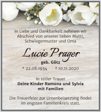 Traueranzeige von Lucie Prager von Super Sonntag Merseburg/Querfurt