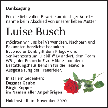 Traueranzeige von Luise Busch von Super Sonntag Sangerhausen