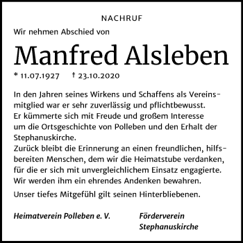 Traueranzeige von Manfred Alsleben von Mitteldeutsche Zeitung Mansfelder Land