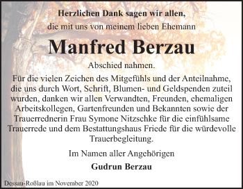 Traueranzeige von Manfred Berzau von Mitteldeutsche Zeitung Dessau-Roßlau