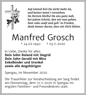 Traueranzeige von Manfred Grosch von Mitteldeutsche Zeitung Merseburg/Querfurt
