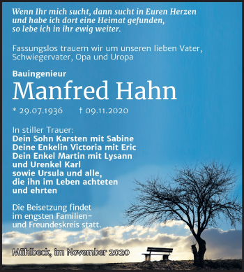 Traueranzeige von Manfred Hahn von Mitteldeutsche Zeitung Bitterfeld