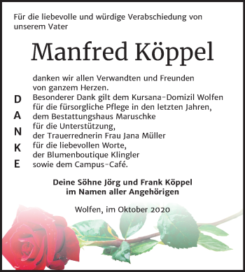 Traueranzeige von Manfred Köppel von Mitteldeutsche Zeitung Bitterfeld