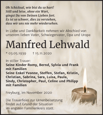 Traueranzeige von Manfred Lehwald von Wochenspiegel Naumburg/Nebra